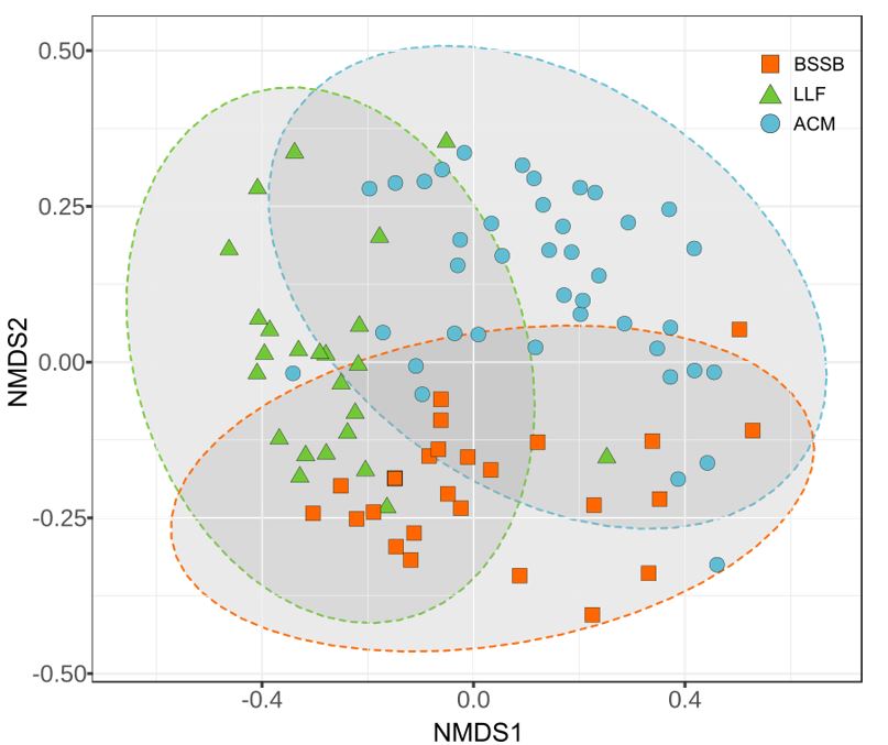 Figure 2 | Comparison of compositions of the gills' microbiome between the sampled fish species. PERMANOVA: F: 7.7605, R²: 0.1529, P<0.001, NMDS stress = 0.1740.